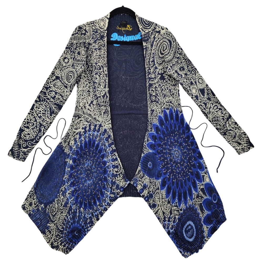 Desigual Womens Boho Artsy Cotton Cardigan L Blue Floral Paisley Open Front